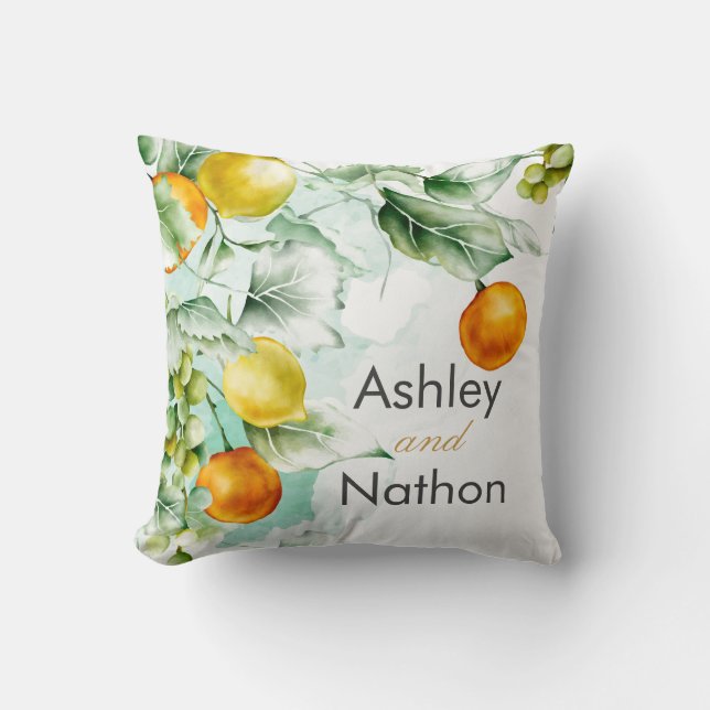 Almofada Casamento Elegante de cor d'água floral e Fruta (Frente)