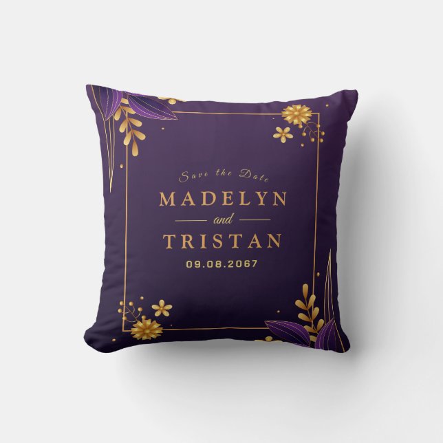 Almofada Casamento Floral de Aestética Dourada e Roxa (Frente)