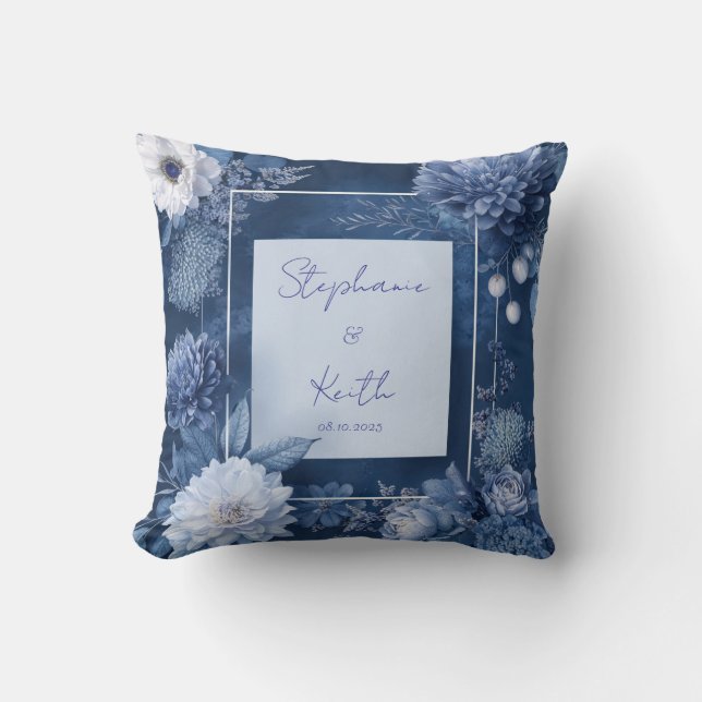 Almofada Casamento Floral em Azul Marinho e Branco (Frente)