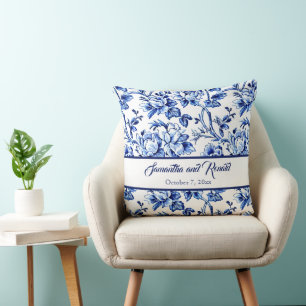 Almofada Casamento Floral Toile Azul e Branco Personalizado