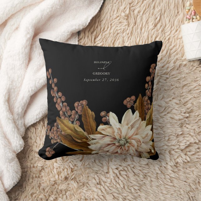 Almofada Casamento outono de Aquarela Floral Preta (Cobertor)