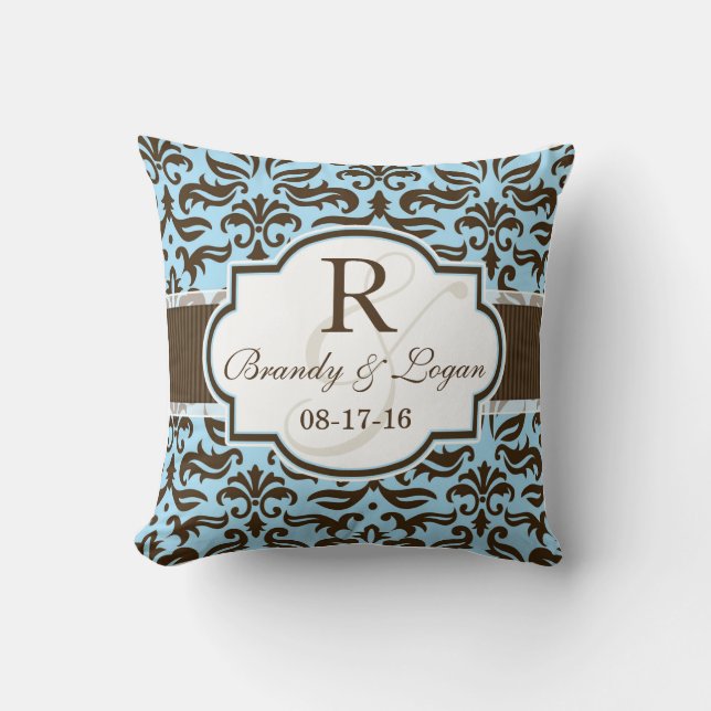 Almofada Casamento tema damasco Azul e Castanho (Frente)