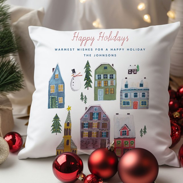 Almofada Casas de Aldeia de Inverno Encantadoras Natal Féri (Cute Winter House Village Scene Christmas Throw Pillow)