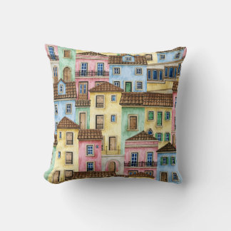 Almofada Casas de Lisboa: Padrão Funicular de Aquarela.