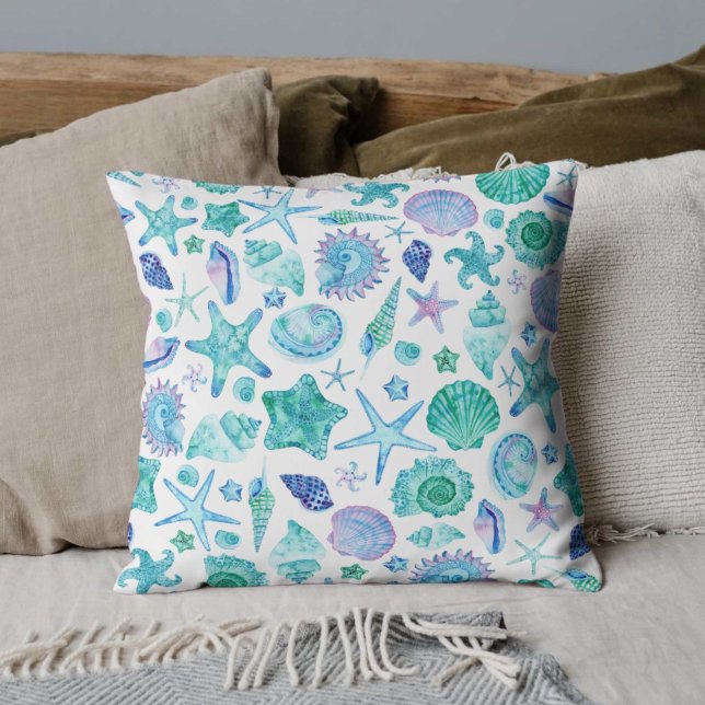 Almofada Casquilhos de água do mar costeiro e Starfish (Watercolor Coastal Sea Shells and Starfish Throw Pillow)