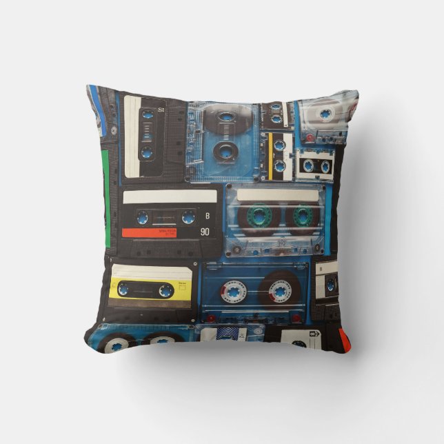 Almofada Cassetes Retro: Vintagem Azul De Fundo. (Frente)