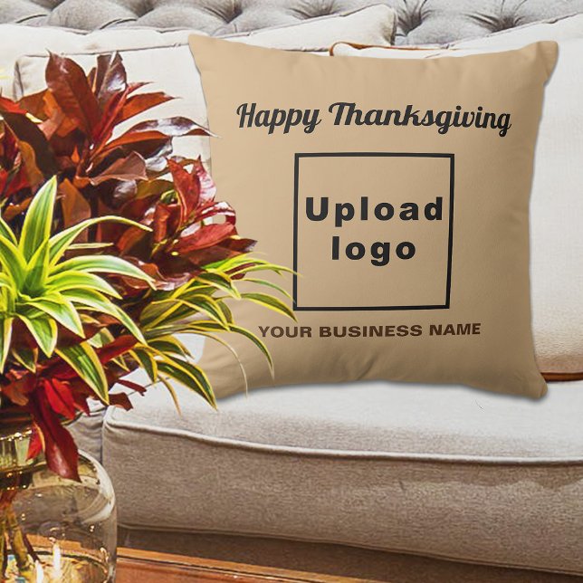 Almofada Castanho claro | Ação de Graças | Marca comercial  (Business name and logo with Thanksgiving greeting on light brown throw pillow)