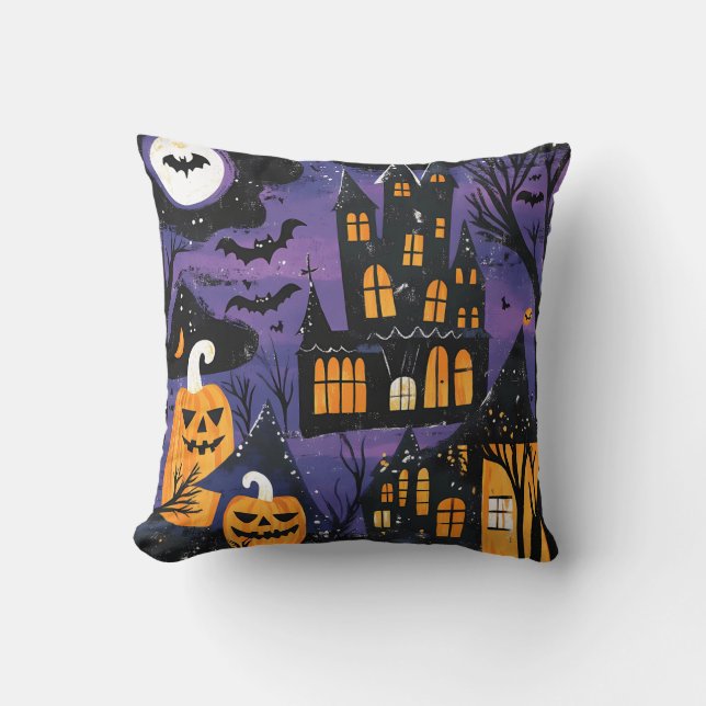 Almofada Castelo Assombrado Abóbora de Halloween Sinistro (Frente)