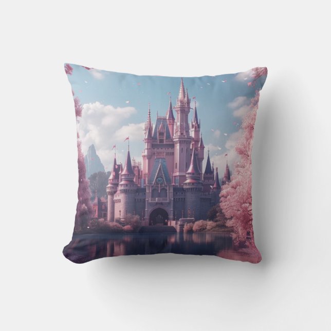 Almofada Castelo de Conto de Fadas com Cerejeiras Rosa (Frente)