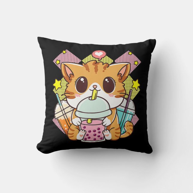 Almofada Cat Boba Tea Bubble Tea Anime Kawaii Neko para Gar (Frente)