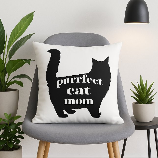 Almofada Cat Mãe (Modern black cat silhouette with "Purrfect Cat Mom" text — perfect gift for stylish cat lovers.)
