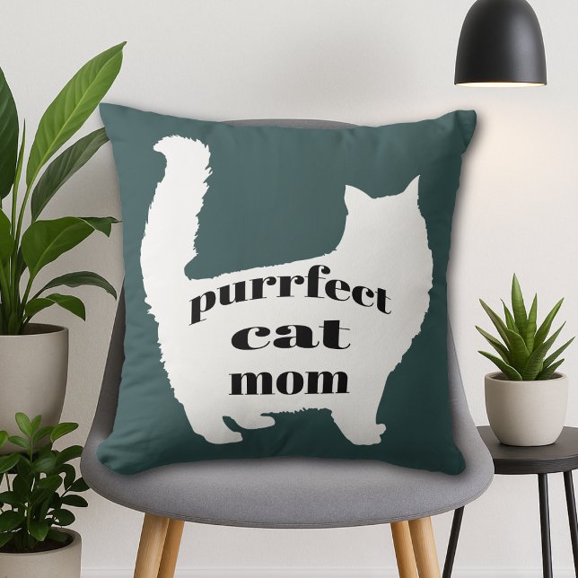 Almofada Cat Mãe (Modern forest green pillow with white cat silhouette and “Purrfect Cat Mom” text, cozy home décor.)