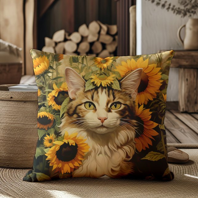 Almofada Cat Watercolor Flores Flores Florais (Cat and sunflowers decorator pillow)