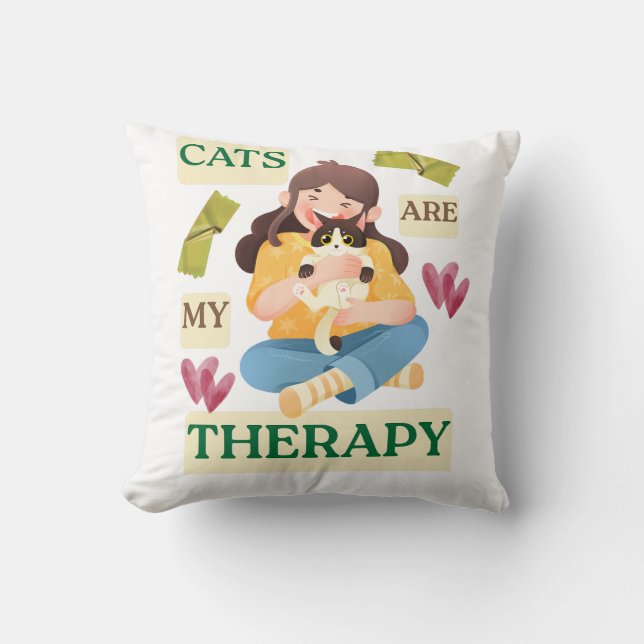 Almofada Cats Are My Therapy – Cute Cat Lover Design (Frente)