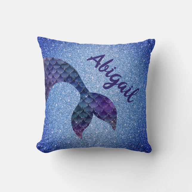 Almofada Cauda de sereia brilhante azul roxo com nome perso (Frente)
