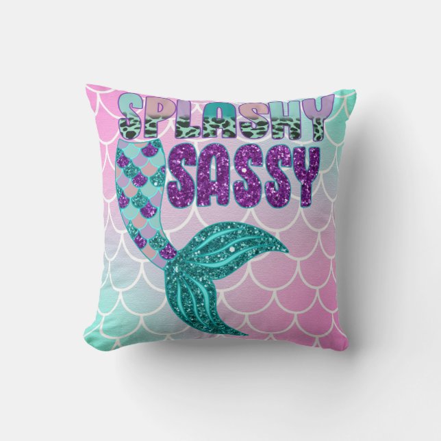 Almofada Cauda de sereia rosa roxo verde feminino e espalha (Frente)