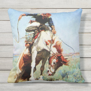 Almofada “Cavaleiro de Bronco” Arte Ocidental por W Herbert
