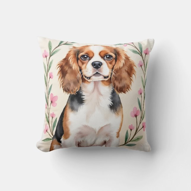 Almofada Cavalier King Charles Spaniel Aquarela Floral (Frente)