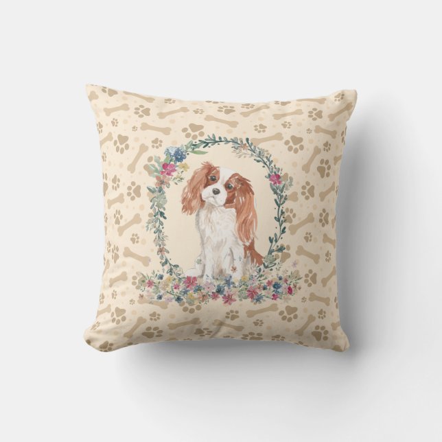 Almofada Cavalier King Charles Spaniel Dog Paw Print Floral (Frente)