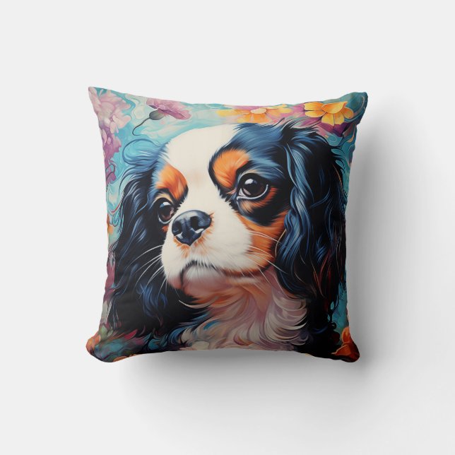 Almofada Cavalier King Charles Spaniel em flores (Frente)