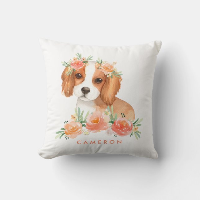 Almofada Cavalier King Charles Spaniel Peach Floral Nursery (Frente)