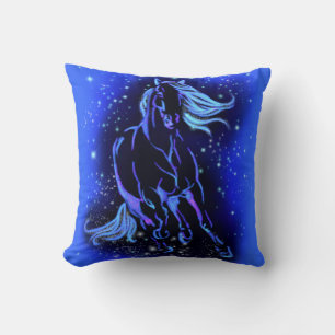 Almofada Cavalo Azul Neon Correndo À Lua À Noite Estrelad