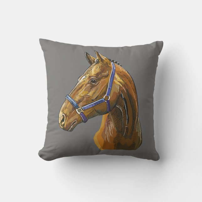 Almofada Cavalo castanho desenho à mão (Frente)