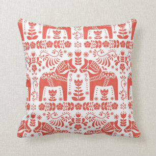 Almofada Cavalo de Dala, coral & impressão branco dos povo