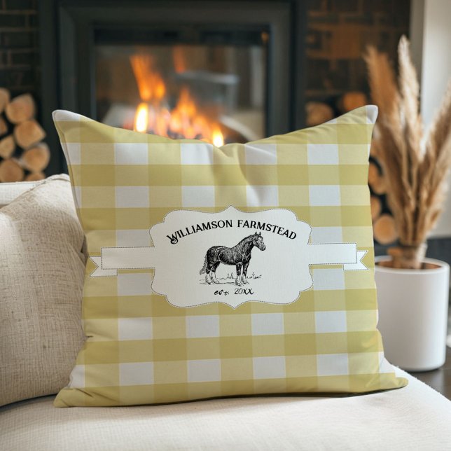 Almofada Cavalo de Fazenda de Xadrez de Buffalo Amarelo (Yellow Buffalo Plaid Farm Horse Throw Pillow)