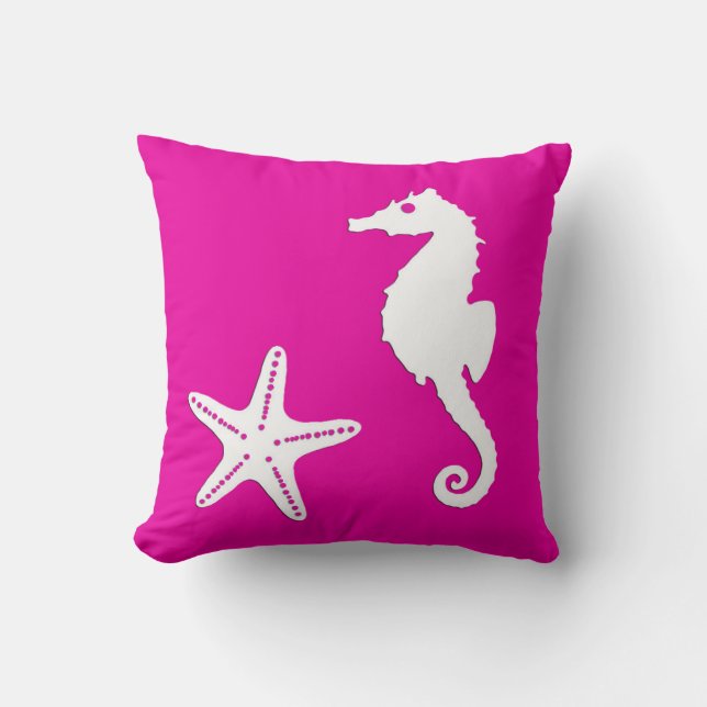 Almofada Cavalo e estrela do mar - branco a rosa fuchsia (Frente)