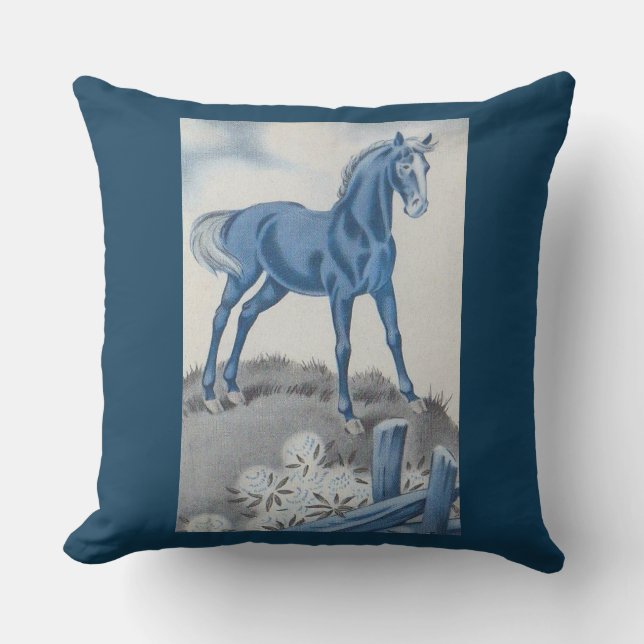 Almofada cavalo feliz em azul (Frente)