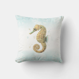 Almofada Cavalo-Marinho Azul e Dourado Aquarela Costa Praia