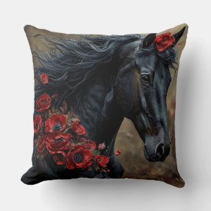 Almofada Cavalo Preto Decorado Com Flores Vermelhas Vibrant