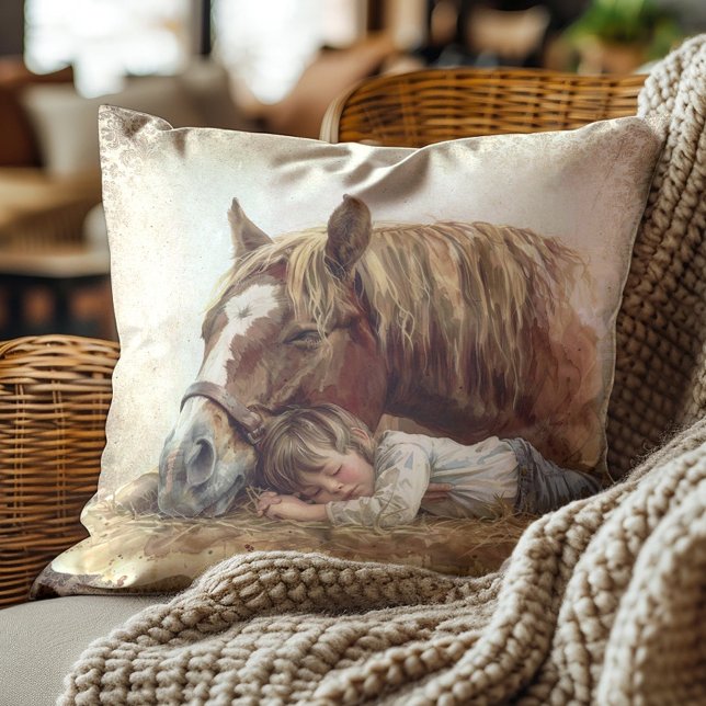 Almofada Cavalo Rústico Dormindo Criança Fazenda Rural  (Sleeping horse and child pillow)