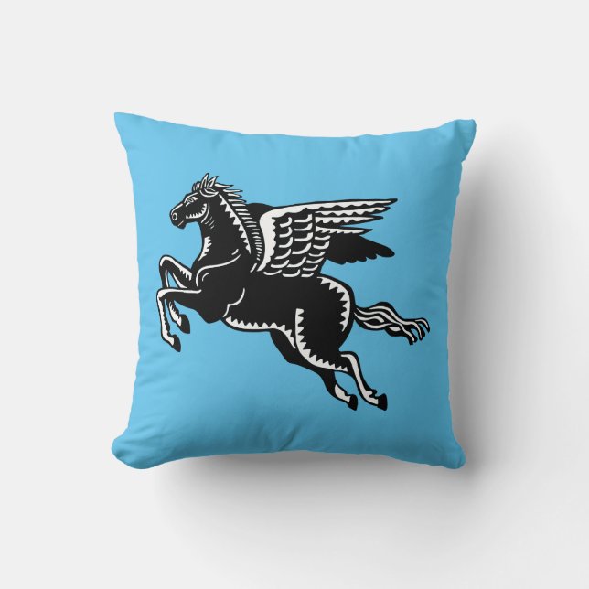 Almofada Cavalo Voador - Preto e Branco no Azul-Céu (Frente)