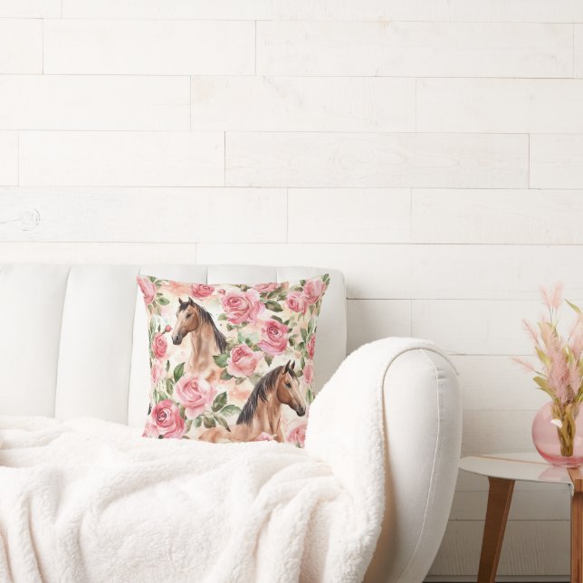 Almofada Cavalos Bonito Rosas Rosa Floral (Sofá)