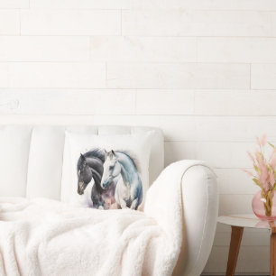 Almofada Cavalos Pretos e Brancos em Aquarela