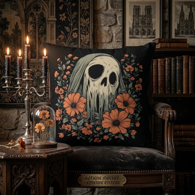 Almofada Caveira de Fantasma Assustador com Flores Laranja (Criador carregado)