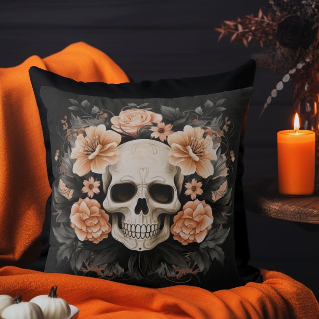 Almofada Caveira Floral Vintage de Halloween (Elegant Vintage Halloween Throw Pillow)