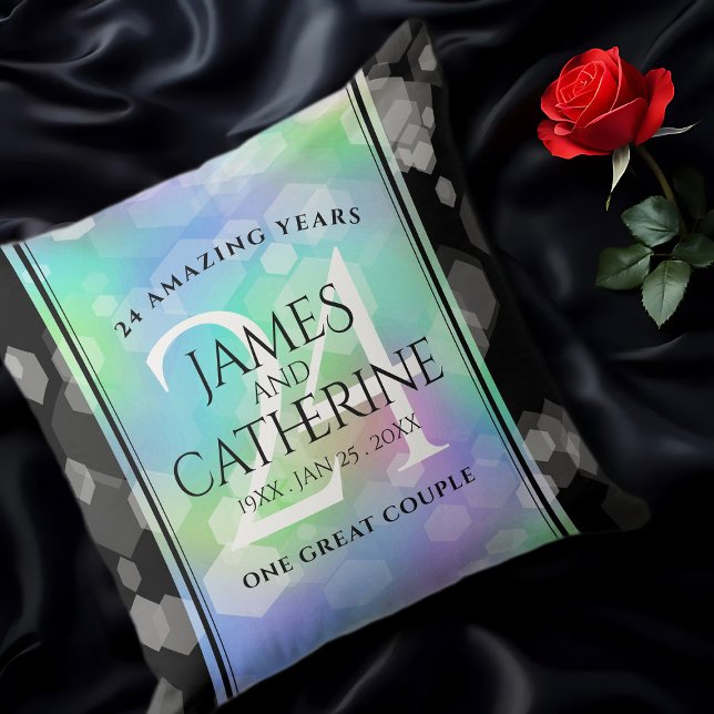 Almofada Celebração do Aniversário de Casamento Opal 24 (24th Opal Wedding Anniversary Throw Pillow on Black Satin Cover Photo)