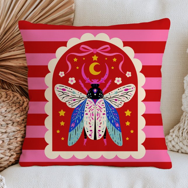 Almofada Celestial Moth on Pink& Red Stripes Maximalist  (Criador carregado)