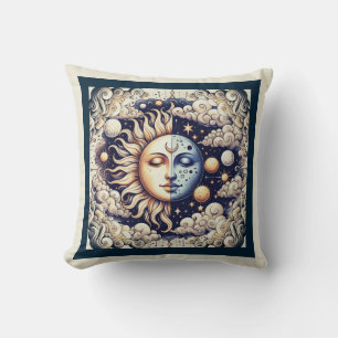 Almofada Celestial Vintage Meio Sol & Lua Azul Amarelo