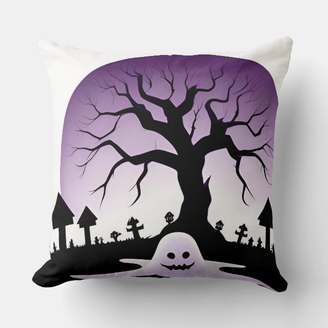 Almofada Cena Assustadora de Halloween com Fantasma e Árvor (Frente)