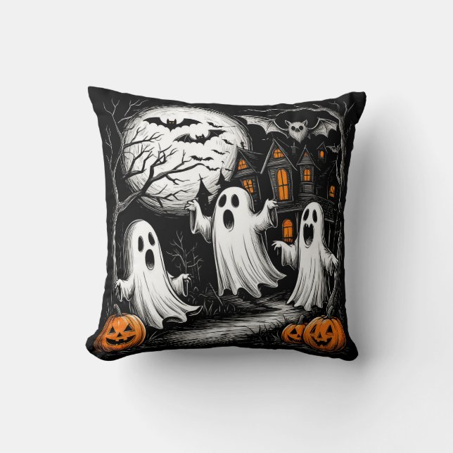 Almofada Cena Assustadora de Halloween com Fantasmas (Frente)