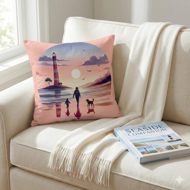 Almofada Cena Costeira do Farol Sunset Walk (Lighthouse Sunset Walk Coastal Scene Throw Pillow Mockup A)