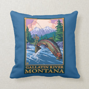 Almofada Cena da pesca com mosca - rio do Gallatin, Montana
