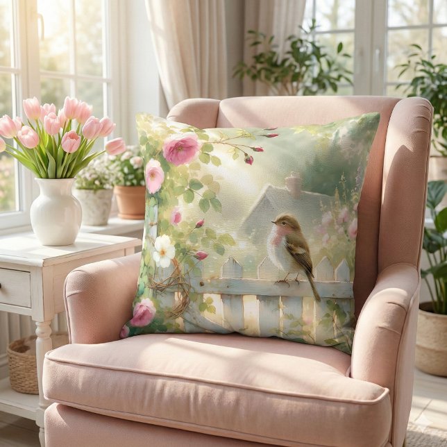 Almofada Cena de Aquarela de Rosa de Jardim de Pássaro (Garden Rose Bird Watercolor Scene Throw Pillow Mockup A)