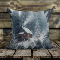 Cena de Cabana de Inverno com Neve e Pinheiros