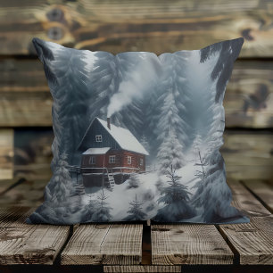 Almofada Cena de Cabana de Inverno com Neve e Pinheiros