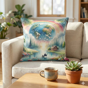 Almofada Cena de Fantasia da Terra Arco-íris Caprichosa